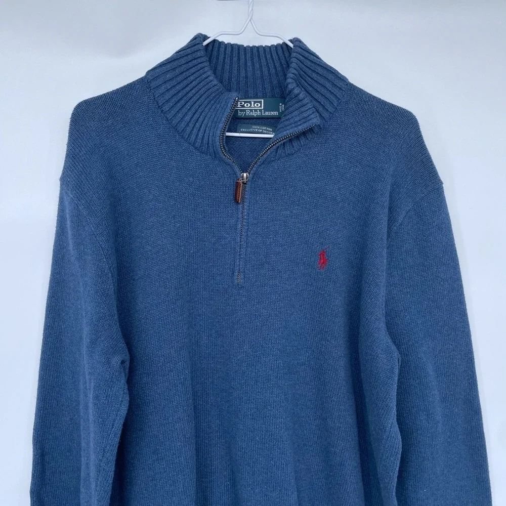 Vintage 90s Polo‎ Ralph Lauren Mens Blue 1/4 Zip Sweater Knit XL Cotton Blue tag